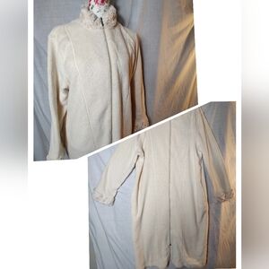 Carole Hochman Ivory Plush Fleece Robe PL Petite Large Zip Front Faux Fur Collar